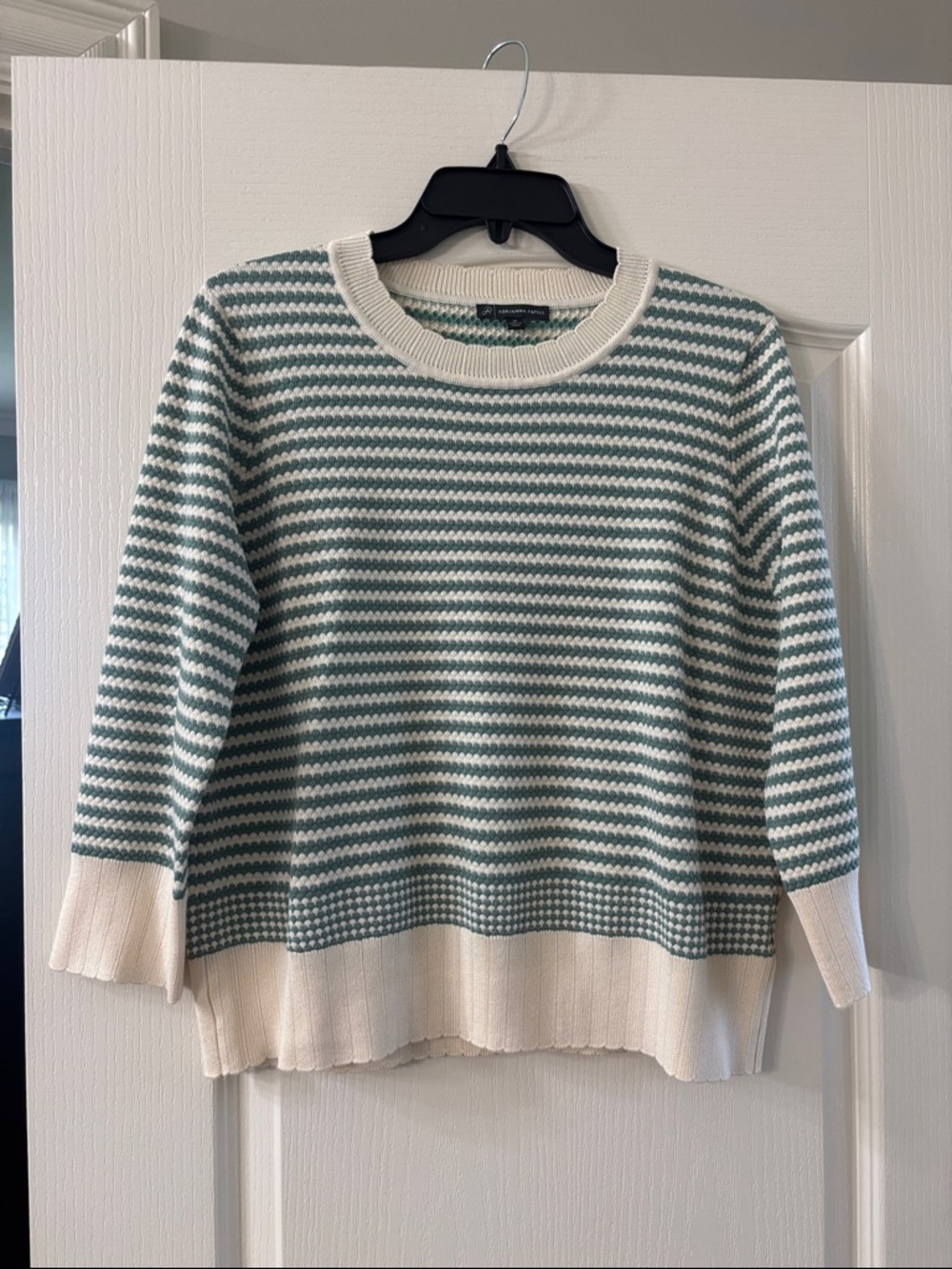 Adrianna Papell Sage and Cream Striped Crewneck Sweater